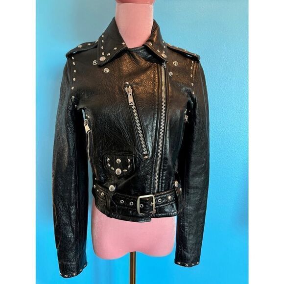 NWOT Made in the USA RE/DONE Black Leather MOTO Jacket Grommets Belt Pockets S - Picture 1 of 16